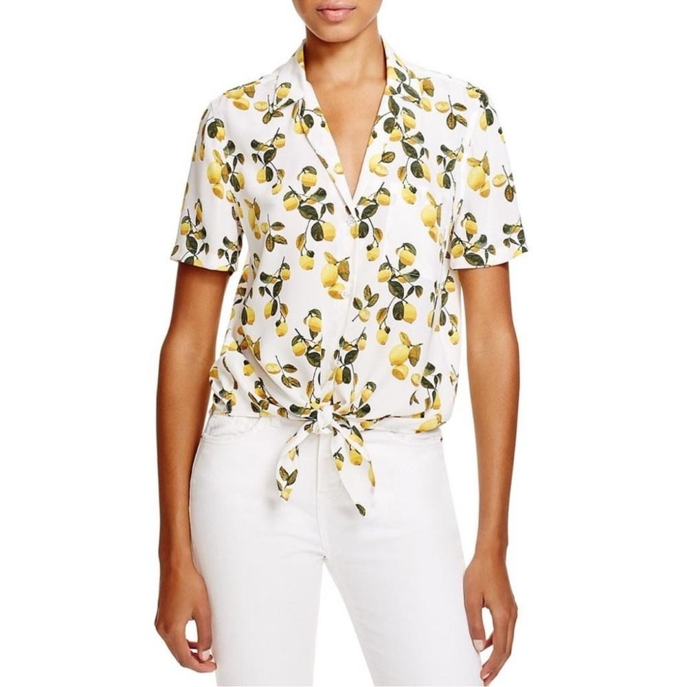 Lemon Print Tie-Front Silk Top